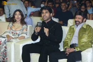 Pre-Release Function of the movie Urvasivo Rakshasivo attended by Allu Sirish, Anu Emmanuel, Allu Aravind and Nandamuri Balakrishna