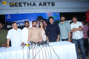 Allu Aravind and Allu Sirish cut cake with Anu Emmanuel to celebrate the success of the film Urvasivo Rakshasivo
