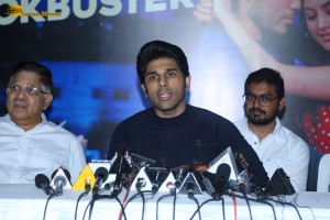 Allu Aravind and Allu Sirish cut cake with Anu Emmanuel to celebrate the success of the film Urvasivo Rakshasivo