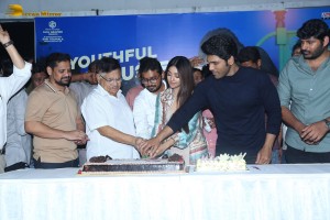 Allu Aravind and Allu Sirish cut cake with Anu Emmanuel to celebrate the success of the film Urvasivo Rakshasivo