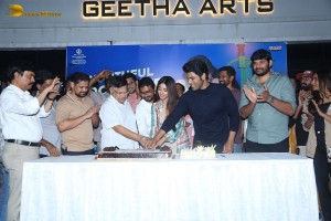 Allu Aravind and Allu Sirish cut cake with Anu Emmanuel to celebrate the success of the film Urvasivo Rakshasivo