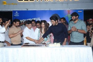 Allu Aravind and Allu Sirish cut cake with Anu Emmanuel to celebrate the success of the film Urvasivo Rakshasivo