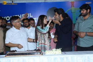 Allu Aravind and Allu Sirish cut cake with Anu Emmanuel to celebrate the success of the film Urvasivo Rakshasivo