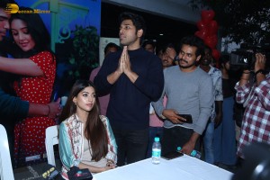 Allu Aravind and Allu Sirish cut cake with Anu Emmanuel to celebrate the success of the film Urvasivo Rakshasivo