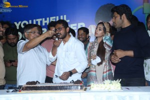 Allu Aravind and Allu Sirish cut cake with Anu Emmanuel to celebrate the success of the film Urvasivo Rakshasivo