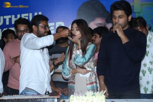 Allu Aravind and Allu Sirish cut cake with Anu Emmanuel to celebrate the success of the film Urvasivo Rakshasivo