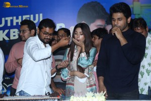 Allu Aravind and Allu Sirish cut cake with Anu Emmanuel to celebrate the success of the film Urvasivo Rakshasivo
