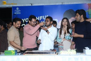 Allu Aravind and Allu Sirish cut cake with Anu Emmanuel to celebrate the success of the film Urvasivo Rakshasivo