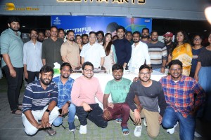 Allu Aravind and Allu Sirish cut cake with Anu Emmanuel to celebrate the success of the film Urvasivo Rakshasivo