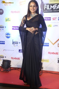 actress vaishnavi chaitanya sweet look in a black saree at filmfare awards