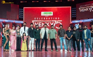 Venkatesh celebrates his 75 films with a memorable event attended by Chiranjeevi, Brahmanandam, Rana, Suresh Babu, Ruhani Sharma, and others