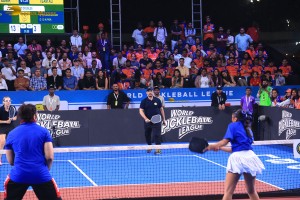 Bollywood actors Aamir Khan and Fazal Ali play a special match at the world pickleball league on February 1, 2025